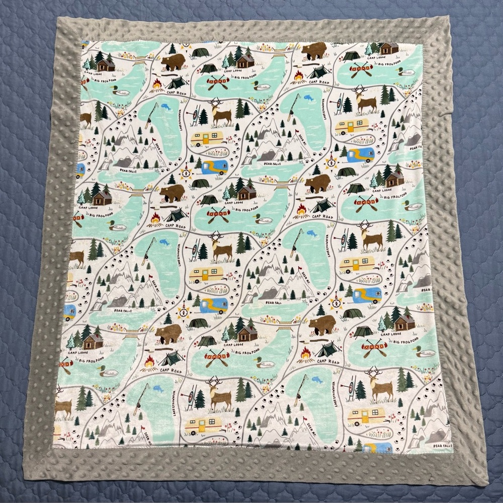 Camping Lodge Hamemade Grey Minky Kids Blanket